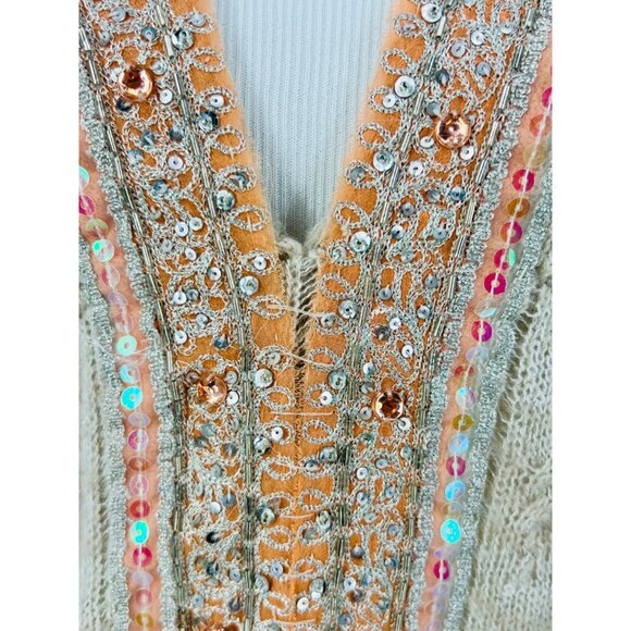 RARE Vintage Free People Beige Embellished Sequin Trim & Keyhole Back Boho Knit - Picture 7 of 15